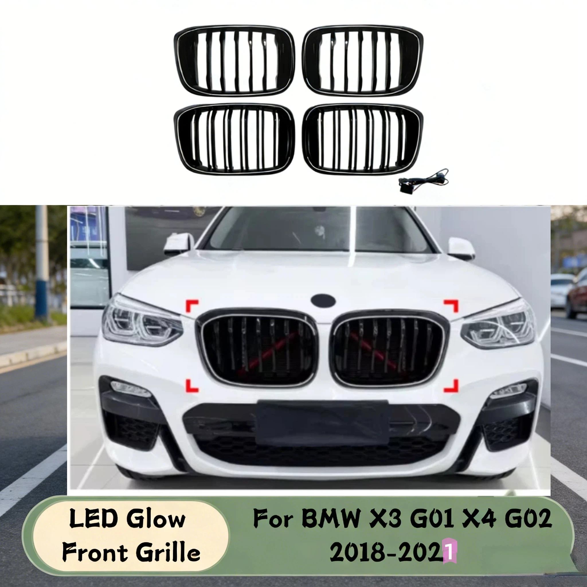 LED-Leuchtgrill für BMW X3 G01 X4 G02 2018-2021 Pre-LCI Beleuchteter Nierengrill Hochglanz Schwarz Image