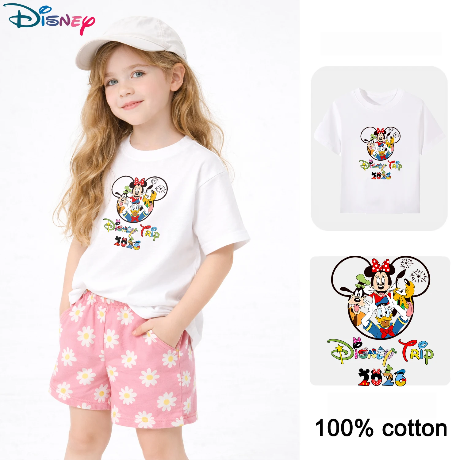Disney 2026 Family Trip Kinder-T-Shirt, passende Familien-Shirts, Urlaubsoutfits, T-Shirt mit Rundhalsausschnitt aus 100 % Baumwolle, Schwarz/Weiß Image