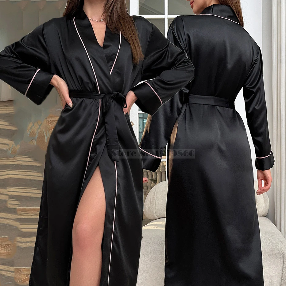 Neue Weibliche Lange Robe Nachthemd Frühling Sommer Seide Satin Kimono Bademantel Nachtwäsche Lose Seide Satin Hause Dressing Kleid Loungewear Image