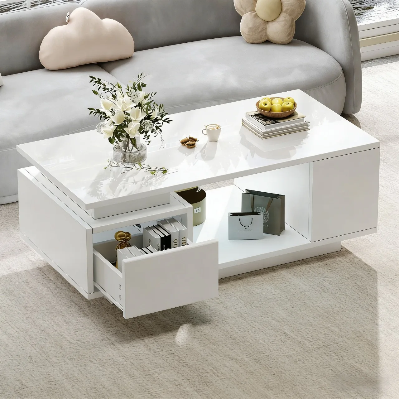 100x50x36cm LED Couchtisch mit Schublade & 4 Ablagefächern - Hochglanz, moderner Sofatisch mit durchbrochenem Design Image