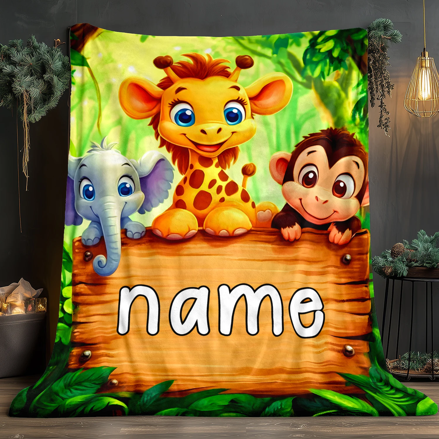 Personalisierte Namensdecke, Waldtier-Plakette, leichter Strickstoff, Polyesterfaser, Digitaldruck, Flanell, Fantasie Image