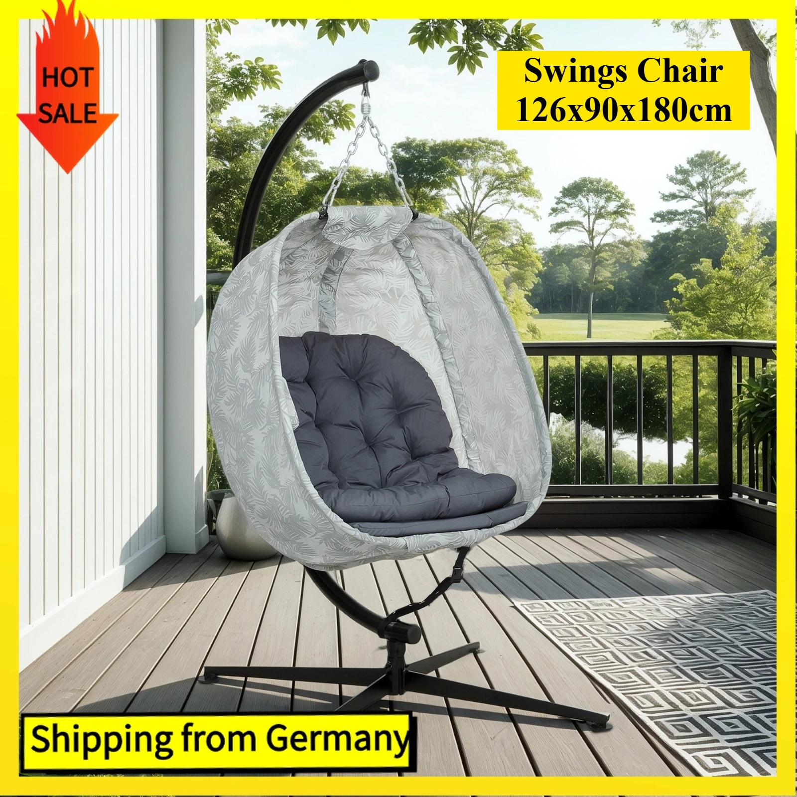 Comanlai Terrassenschaukelstuhl, 126 x 90 x 180 cm, eiförmiger Schaukelsitz mit Kissen, Hängesessel für drinnen und draußen, Grau