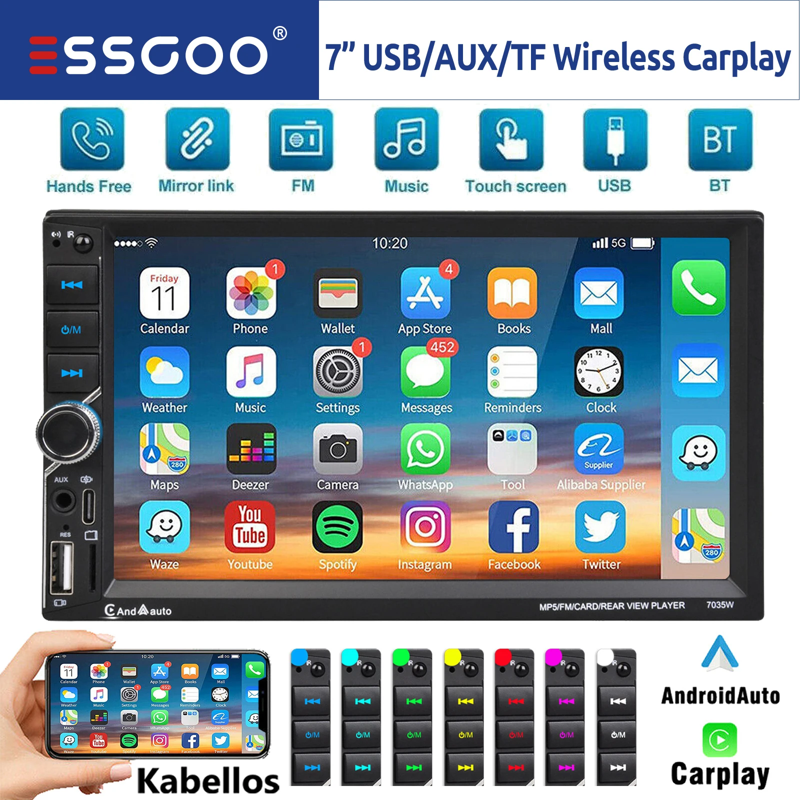 ESSGOO 7 Zoll Wireless Apple CarPlay Android Auto Doppel 2 DIN Autoradio AUX FM Bluetooth USB TF Touchscreen Mirror Link MP5 Player Image