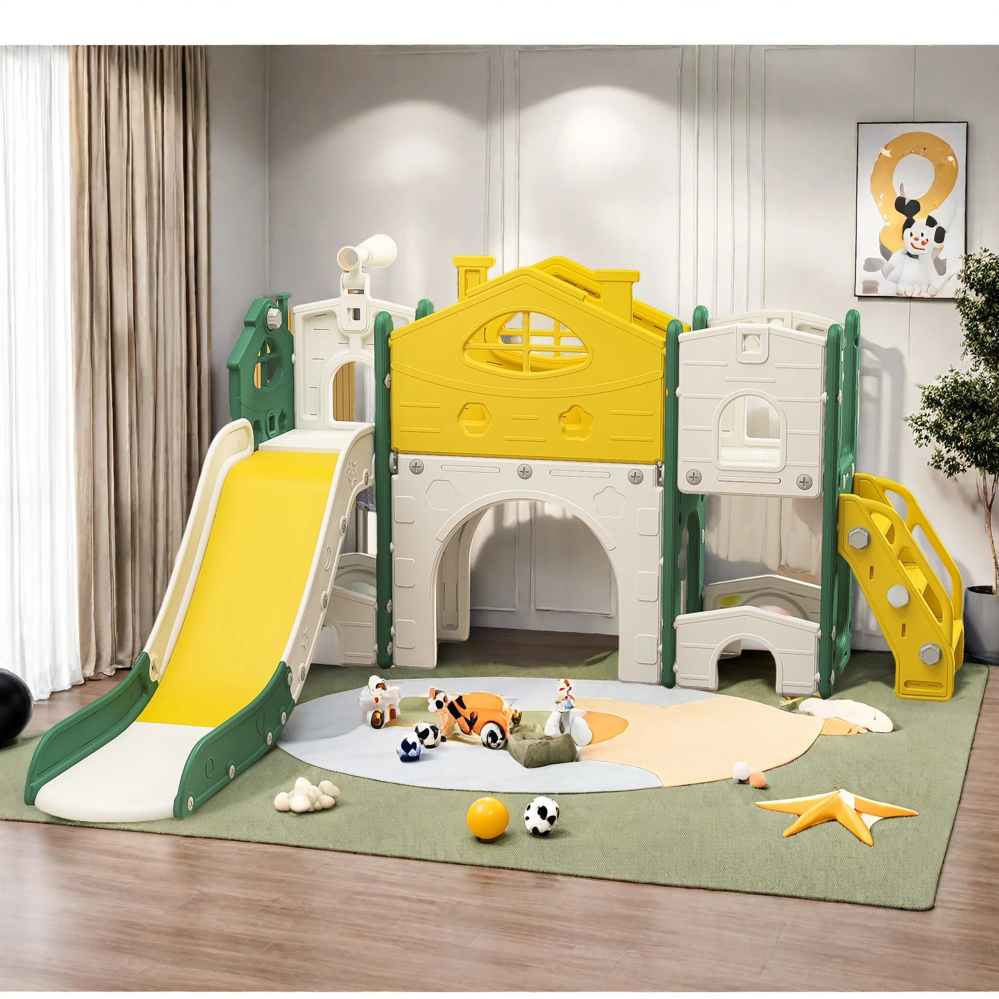 Dream City Themen-Doppelrutsche, 7-in-1 Kinderrutsche, Kinderschaukel, geeignet für Kinder im Alter von 3-6 Jahren Image