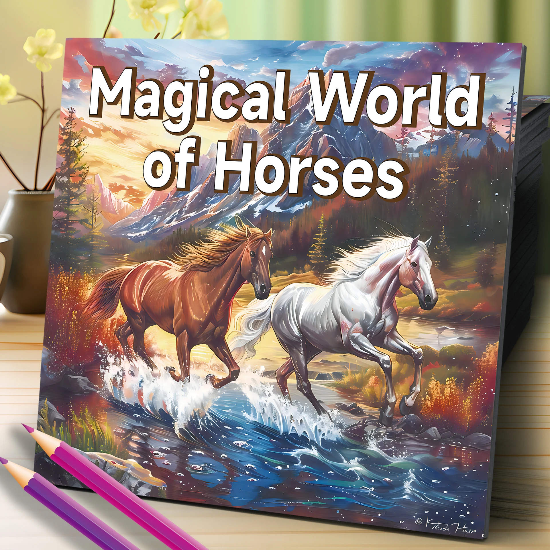 Magische Welt der Pferde, Malbuchideen, Thema, Graffiti, Malerei, Zeichnung, 20 Seiten, handgemalt, beruhigender Stress für Erwachsene