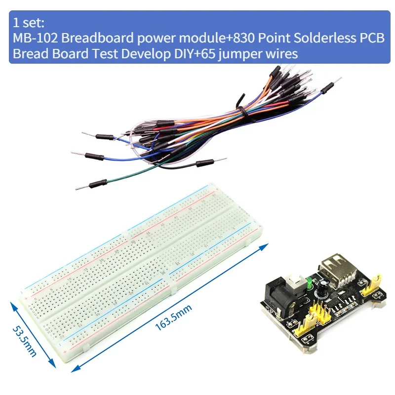 DIY Electronics Starter Kit MB-102 Breadboard-Leistungsmodul + 830-Punkt-lötfreie Leiterplatte + 65 Überbrückungsdrähte für Prototyping und Testen Image