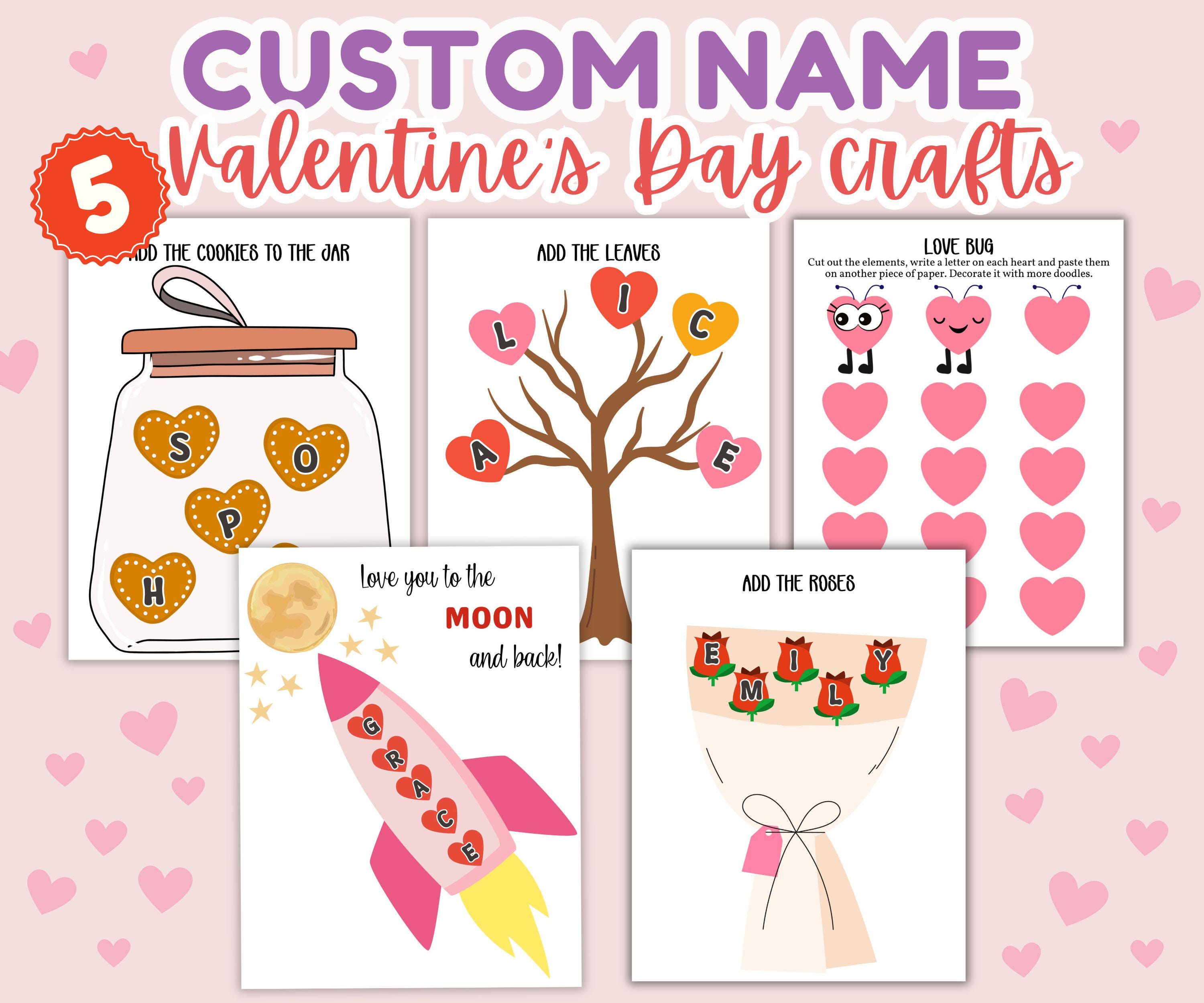 Pacchetto di 5 lavoretti con i nomi per San Valentino: attività di ritaglio e incollaggio per bambini in età prescolare e dell'asilo (modelli stampabi