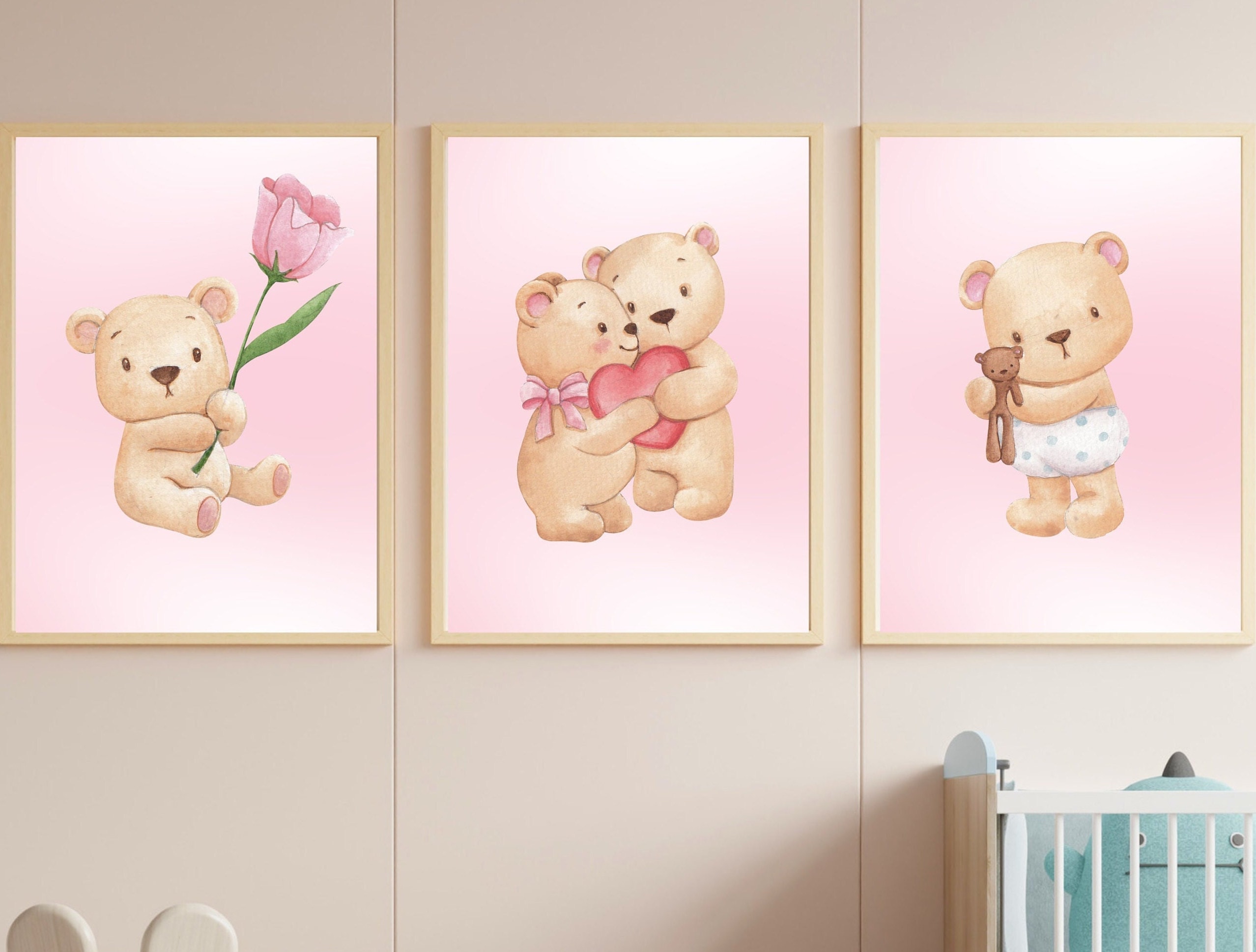 Set of 3 Adorable bear prints for girls' room Wall art bears and hearts nursery Teddy bear posters girls bedroom Bear wall decor pink hearts