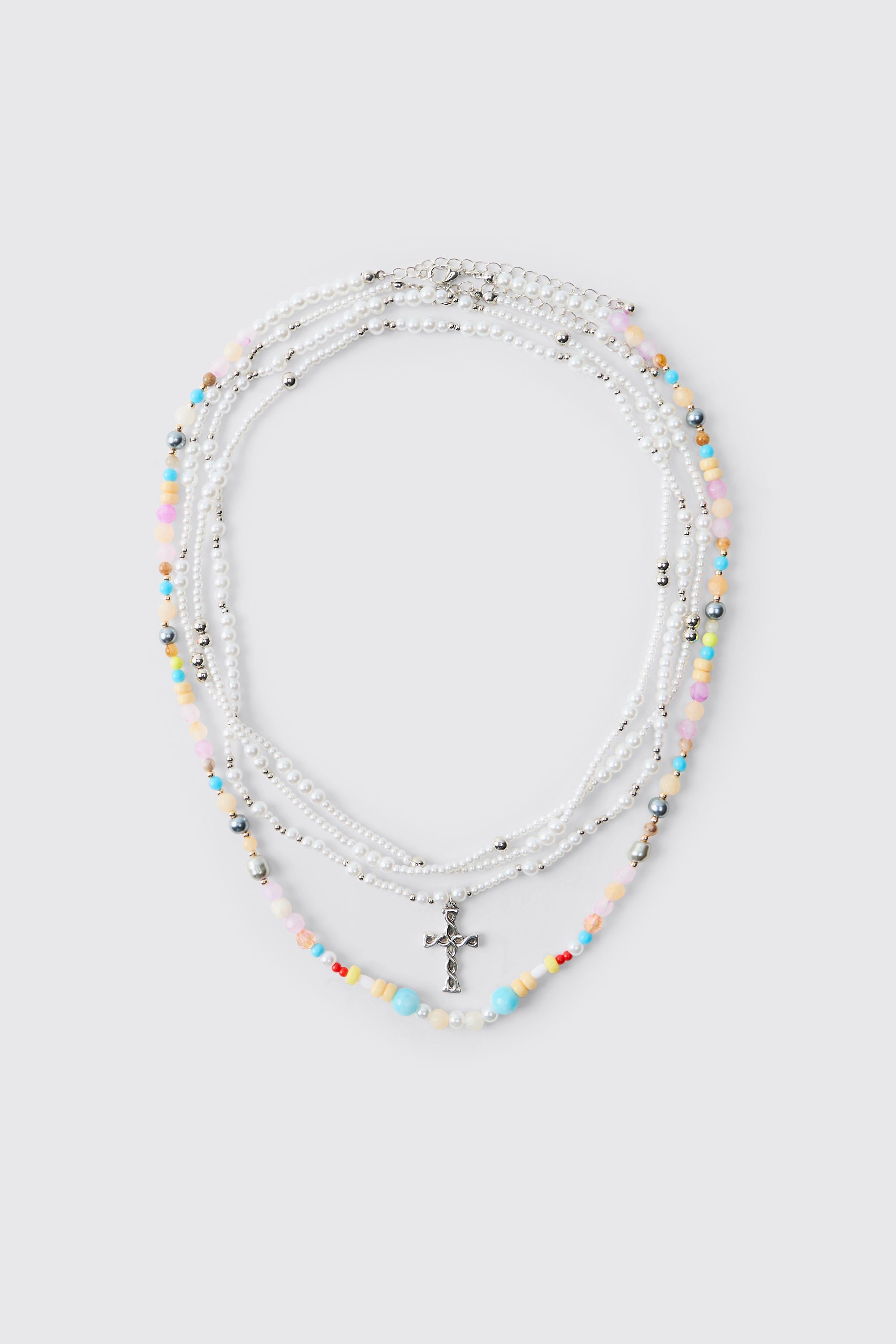Boohooman Mens Beaded Multi Layered Cross Necklace - White Iron - One Size | Boohooman Sale | Discount Designer Brands
