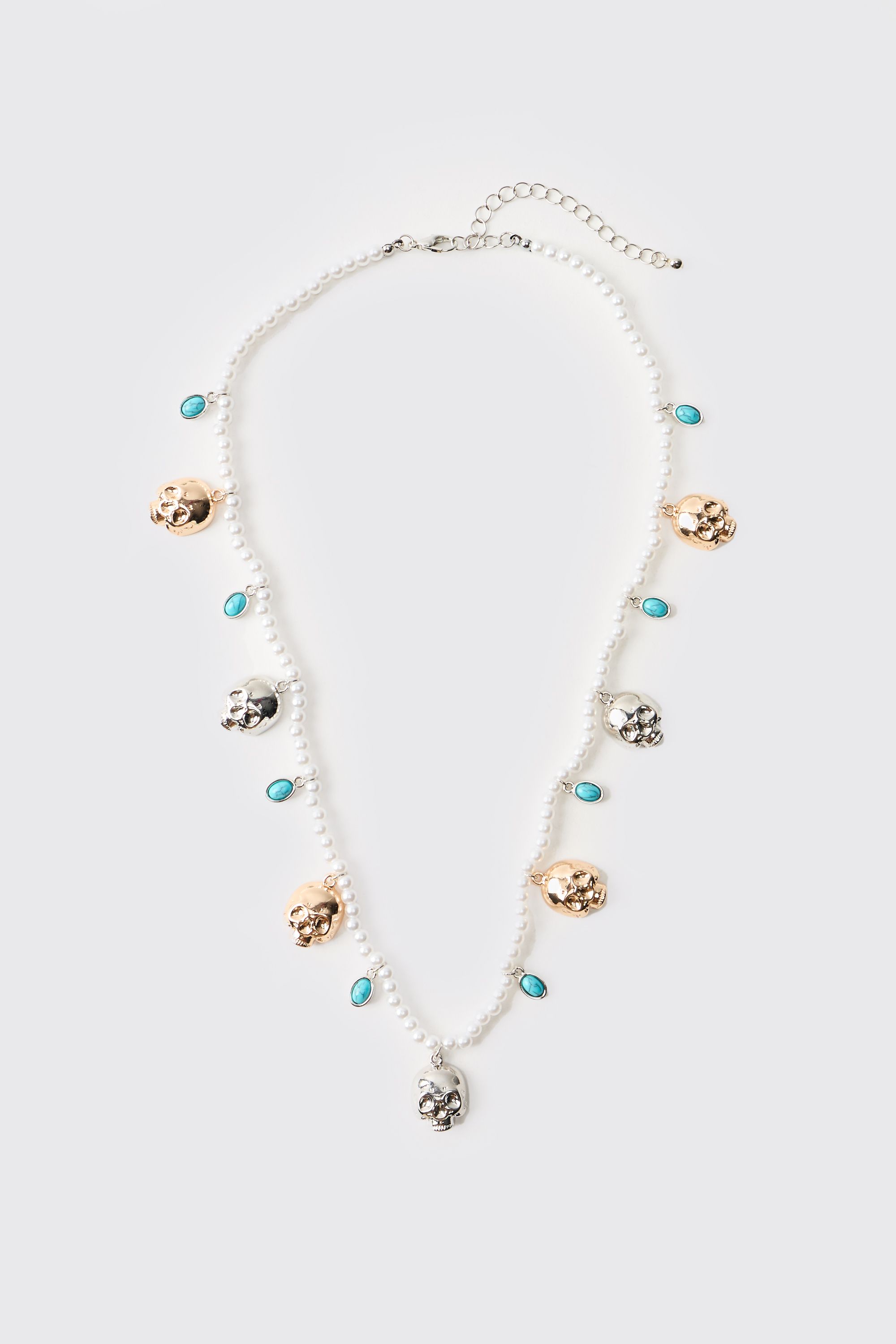 Boohooman Mens Gem and Skull Mock Pearl Necklace - White Zinc - One Size | Boohooman Sale | Discount Designer Brands