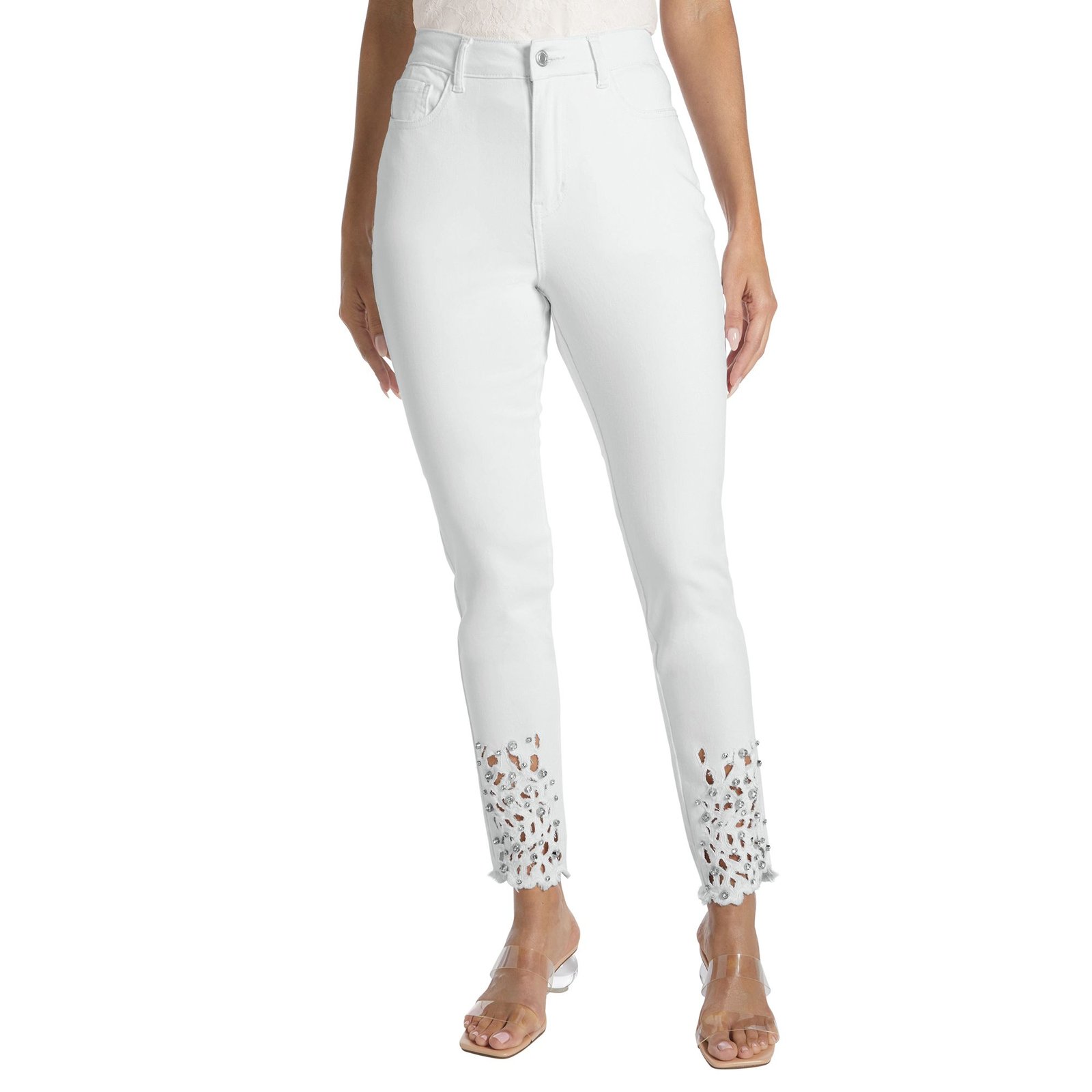 Masseys Cutout Rhinestone Skinny Jean (Size 18W) White, Cotton,Spandex