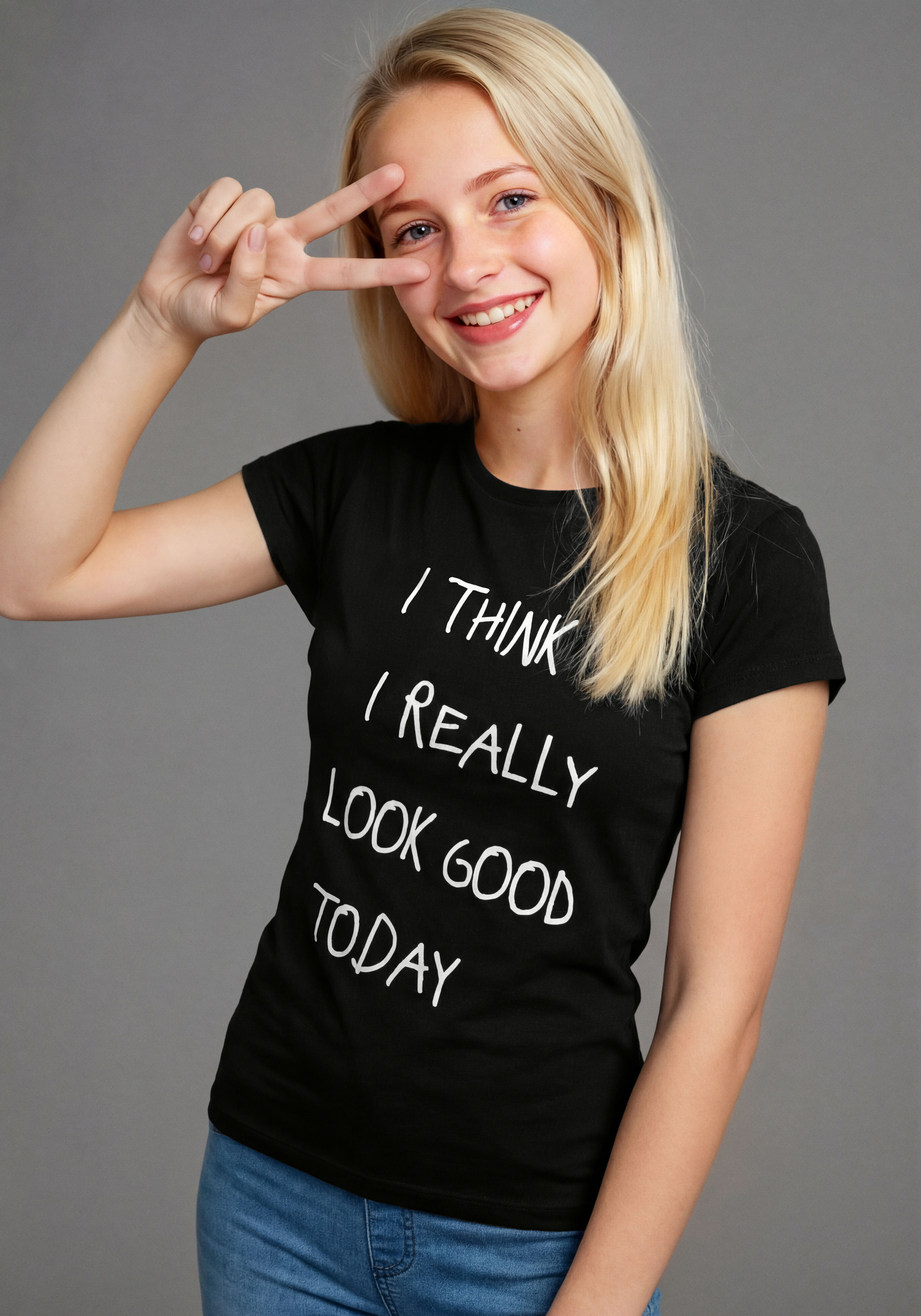 T-Shirt KIDSWORLD "Lässiger Spruch: I THINK I LOOK REALLY GOOD TODAY", Mädchen, Gr. 140/146, schwarz, Single Jersey, Obermaterial: 100% Baumwolle, bedruckt, Basic, Rundhals, Shirts T-Shirt, für Mädchen, Kurzarm, Rundhalsausschnitt, mit...