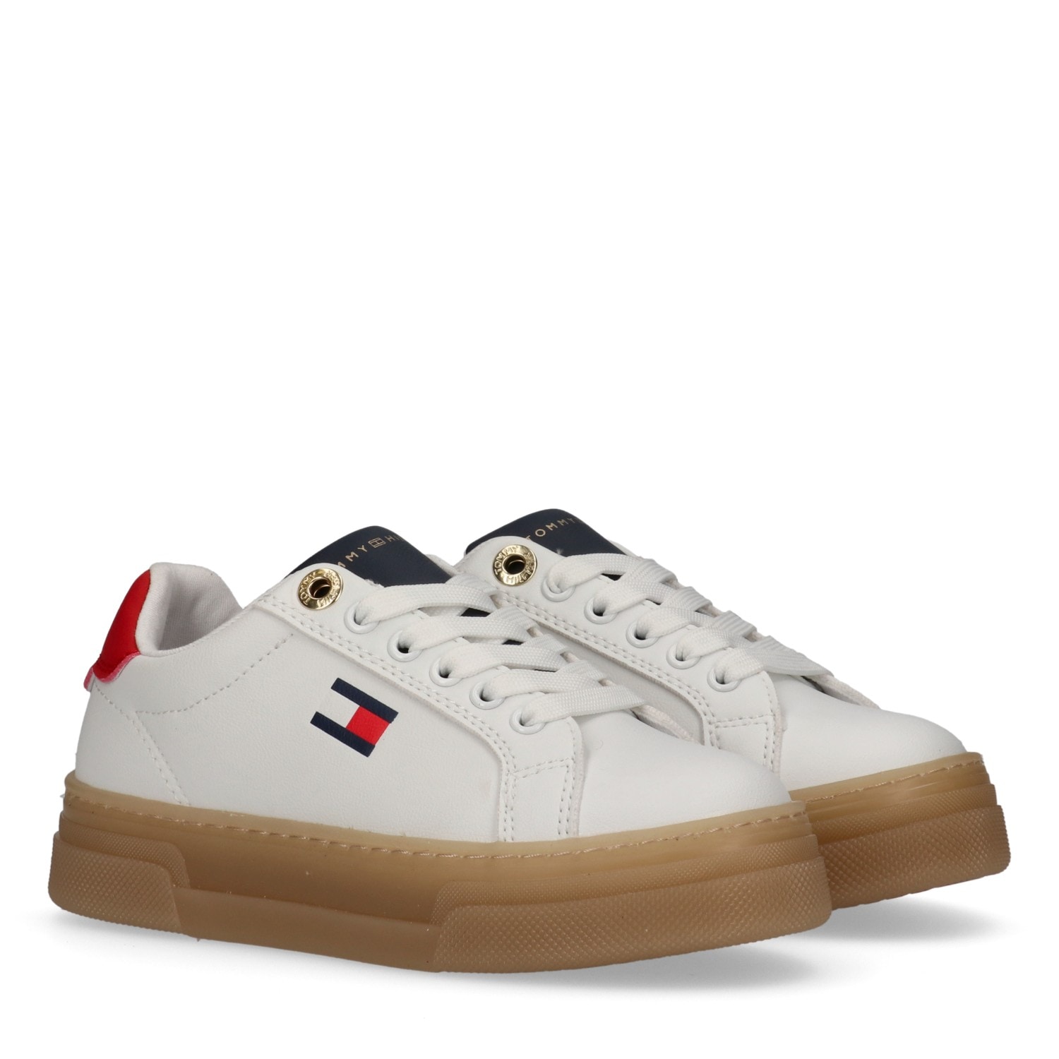 Sneaker TOMMY HILFIGER, Damen, Gr. 39, weiß, blau, rot, Synthetik, Textil, Schuhe Sneaker, Retro Sneaker, Schnürschuh, Halbschuh mit Plateausohle