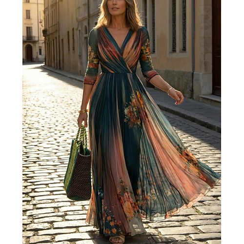 Abito lungo da donna, abito lungo, abito casual, abito svasato, abito floreale, abito estivo, abito boho, vintage, vacanza, quotidiano, vestibilità regolare, floreale, manica lunga, scollo a V, blu estivo.