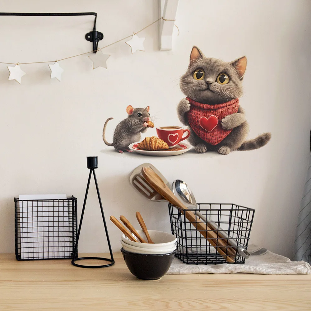 Cartoon Kaffeetasse Katze Wandaufkleber Café Hintergrund Dekoration Wandbild Küche Restaurant Verschönern Home Decor Selbstklebende Aufkleber Image