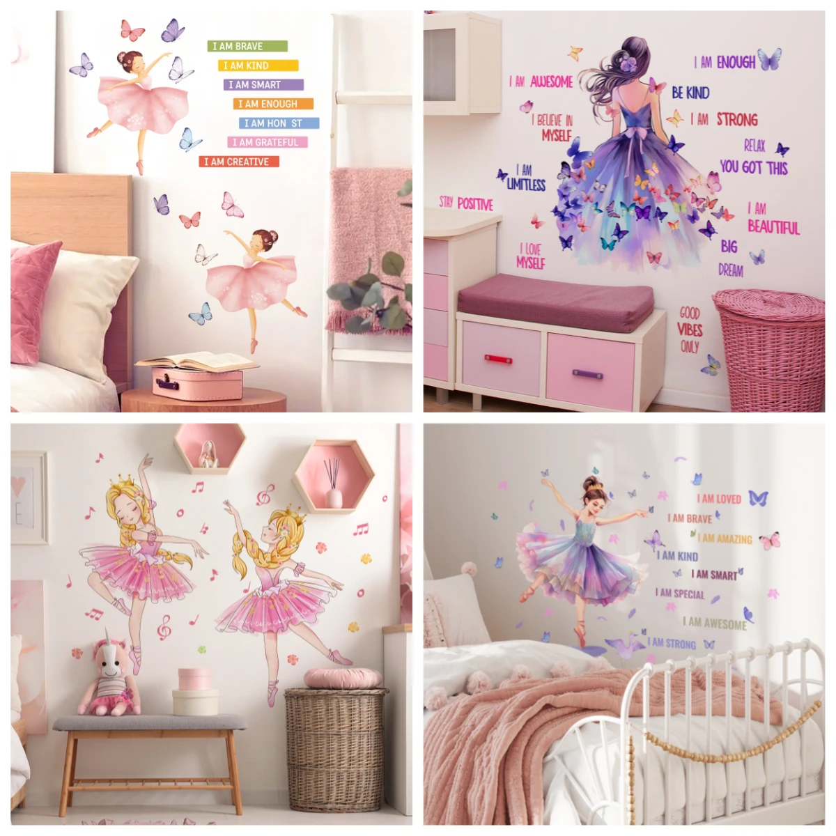 Tanzendes Mädchen Ballerina Schwan Schmetterling Wandaufkleber Mädchenzimmer Vinyl Kinder Mädchen Tapete Home Decor für Wohnzimmer Schlafzimmer Image