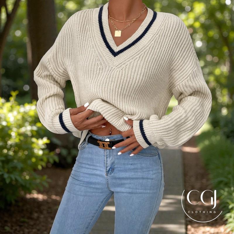 Maglione minimalista con scollo a V - Elegante pullover lavorato a maglia - Moda autunno inverno - Maglione casual ampio da donna