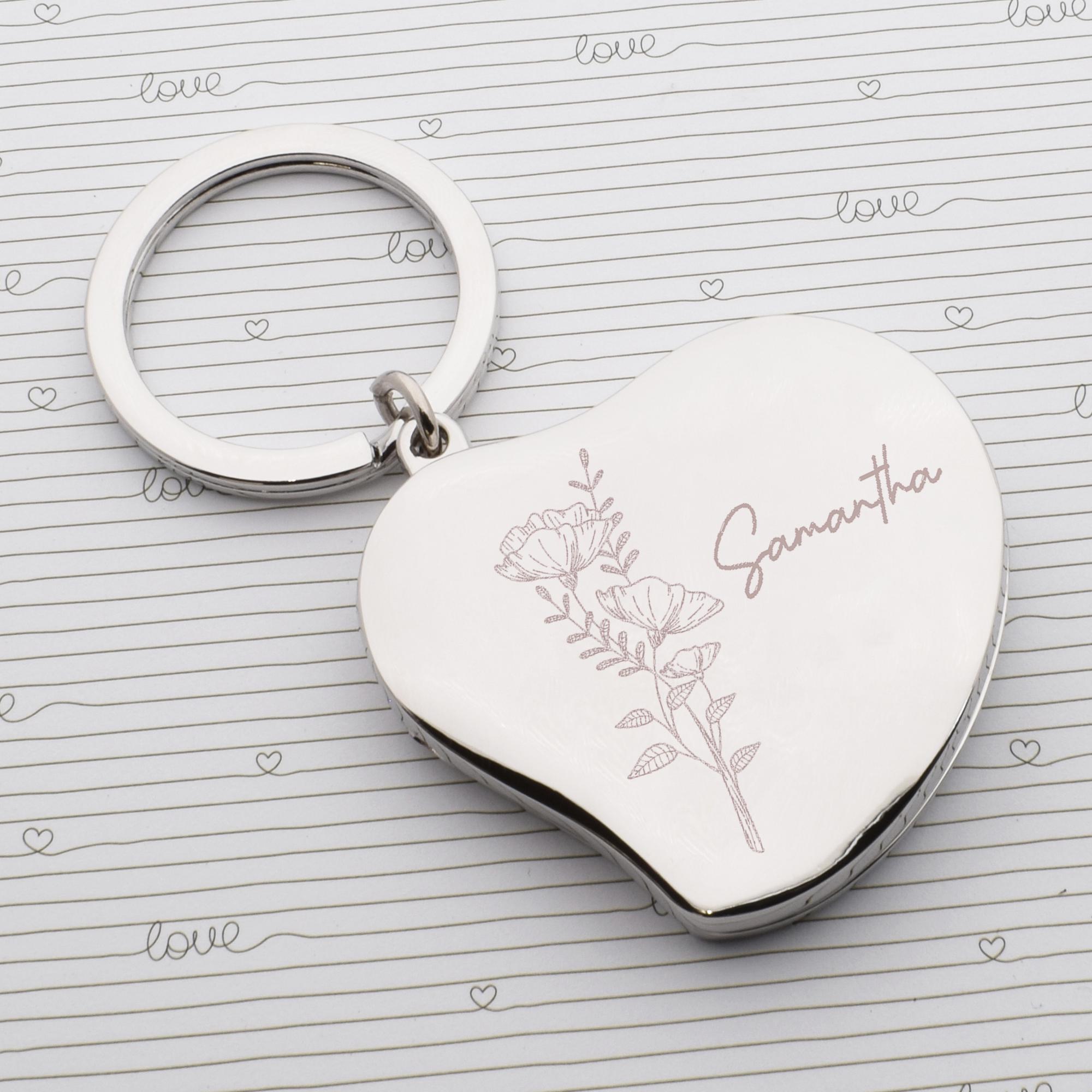 Bellissimo portachiavi personalizzato con incisione floreale / Portachiavi a forma di cuore placcato in argento di lusso con apertura a scatto / Aggiu