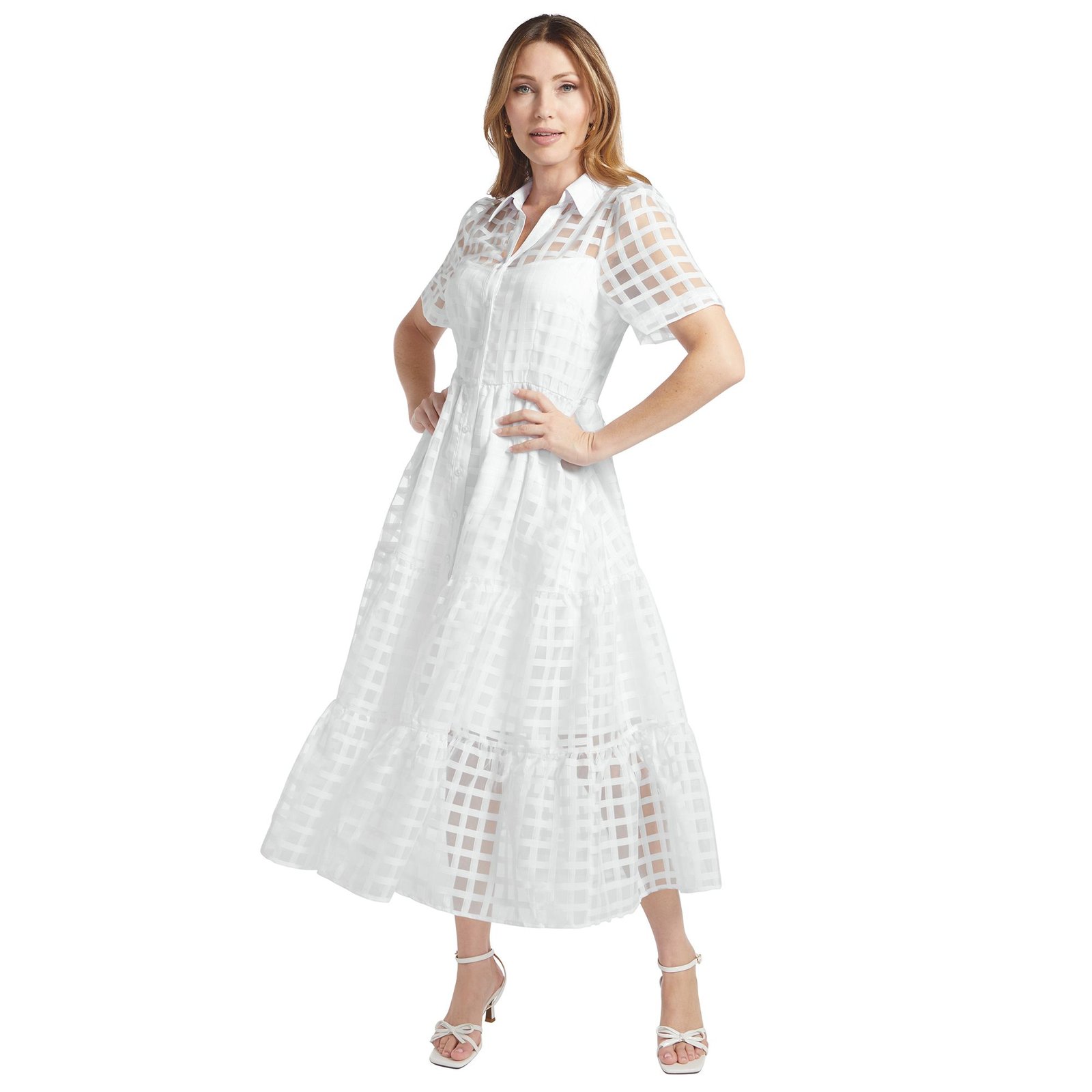 Masseys Organza Shirt Dress (Size 28W) White, Polyester,Spandex