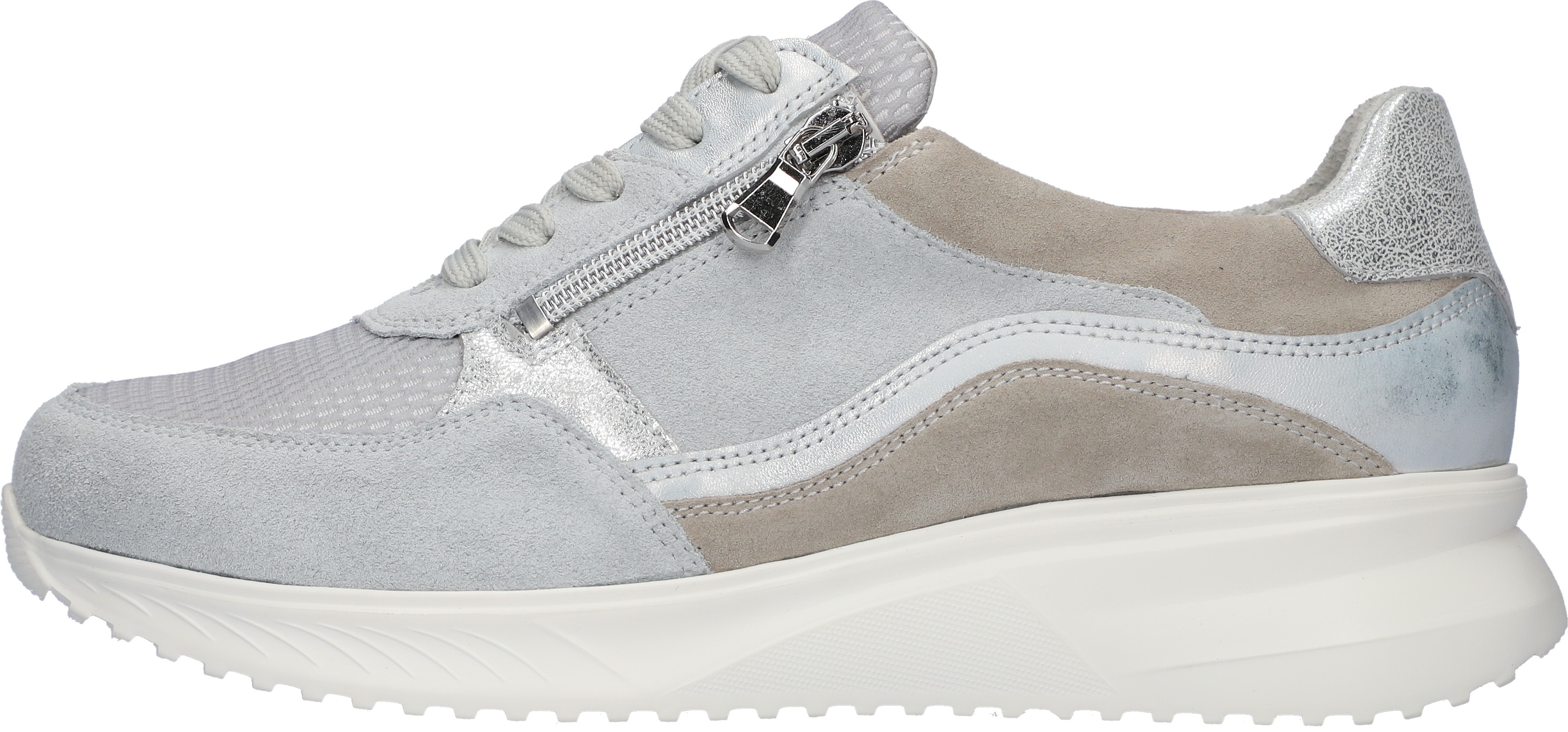 Sneaker WALDLÄUFER "K-JANKA", Damen, Gr. 6,5, hellgrau, beige, silberfarben, Nappaleder, Nubukleder, Textil, Veloursleder, kontrastfarbene Details, metallic, Schuhe Sneaker, Bequemschuh, Schnürschuh, Halbschuh mit Reißverschluss - Weite H