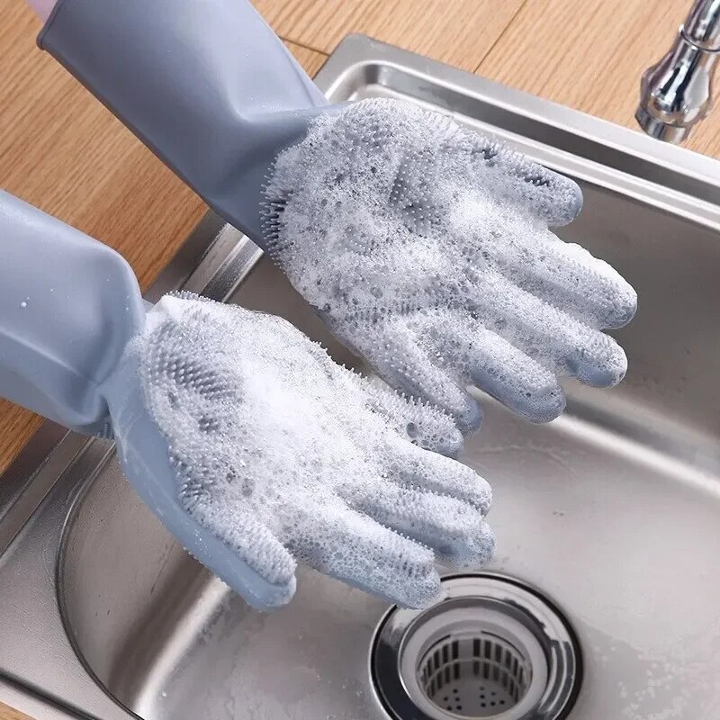 Dishwashing Cleaning Gloves Silicone Rubber For Household Sponge Scrubber Kitchen Tools pink