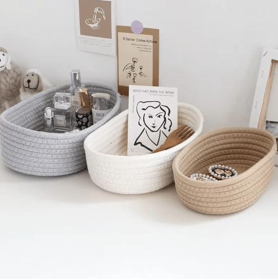 Nordic Cotton Rope Storage Basket Woven Desktop Organizer Box white small 23x13x7cm
