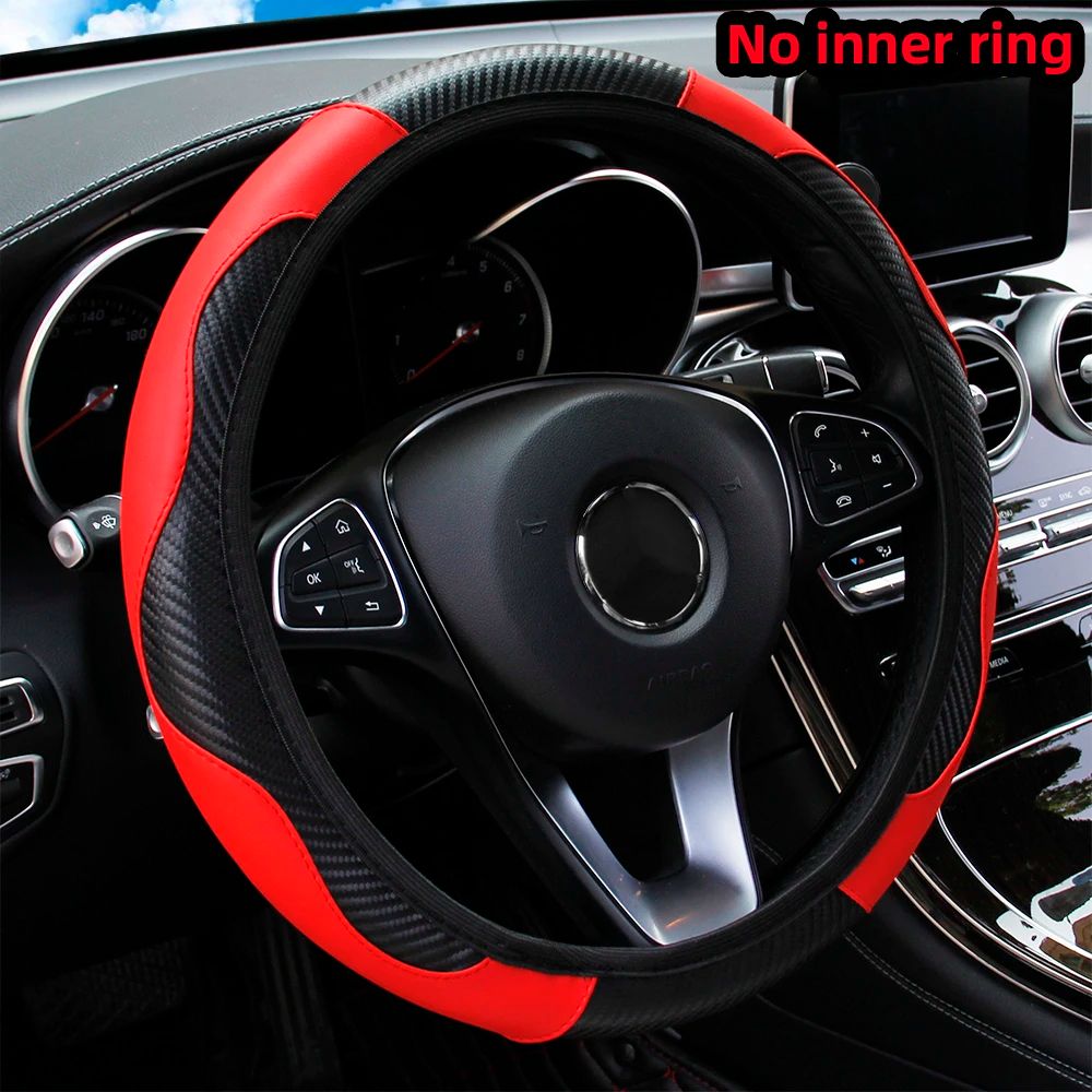 PU Carbon Fiber Leather Steering Wheel Cover No Inner Ring, Universal Fit For 14.515 In Car Wheels red
