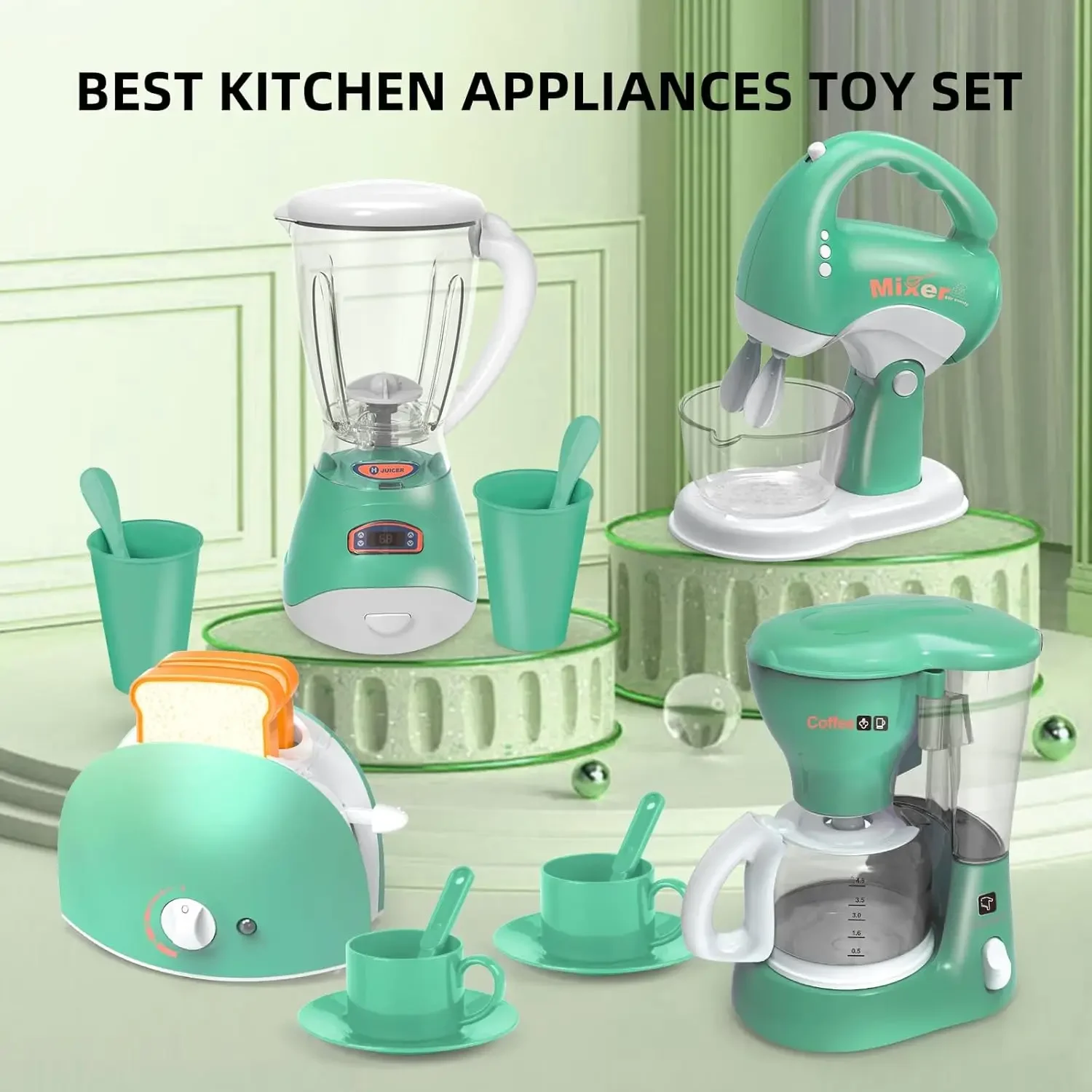 Kids Kitchen Playset With Sound & Light, Coffee Maker, Toaster, Blender, Mixer, Pretend Play Appliance Set vacuumcleaner