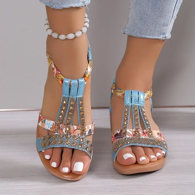Bohemian Rhinestone Wedge Sandals For Women Summer Platform Peep Toe Comfort Shoes sky Blue 39