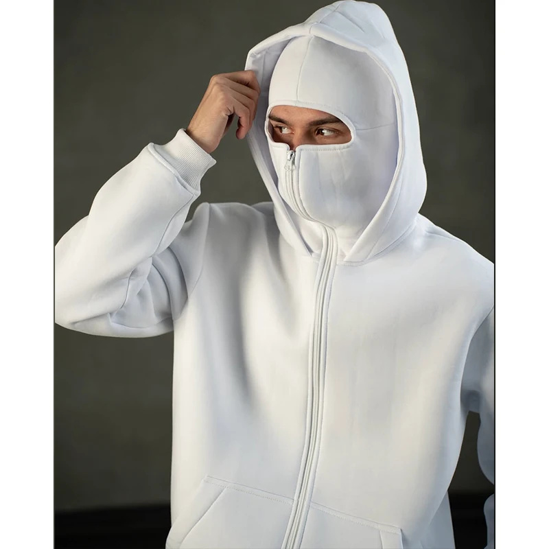 Men Balaclava Hoodie Double Hooded Sweatshirt With Zipper Mask For Gothic Streetwear white m