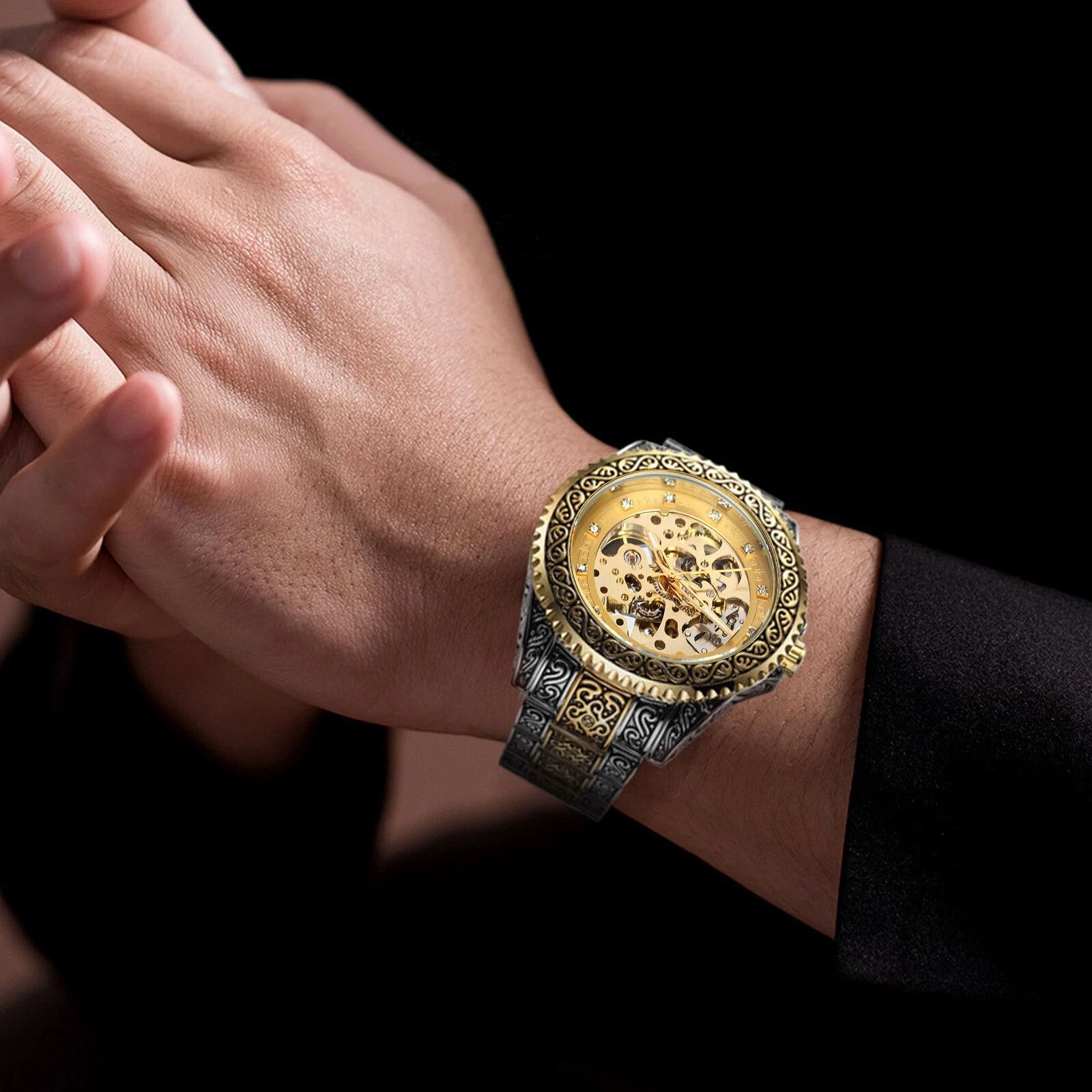 Gold Tone Skeleton Luxury Men's Stainless Steel Automatic Mechanical Wrist Watch Gold Tone Skeleton Luxury Men's Stainless Steel Automatic Mechanical Wrist Watch