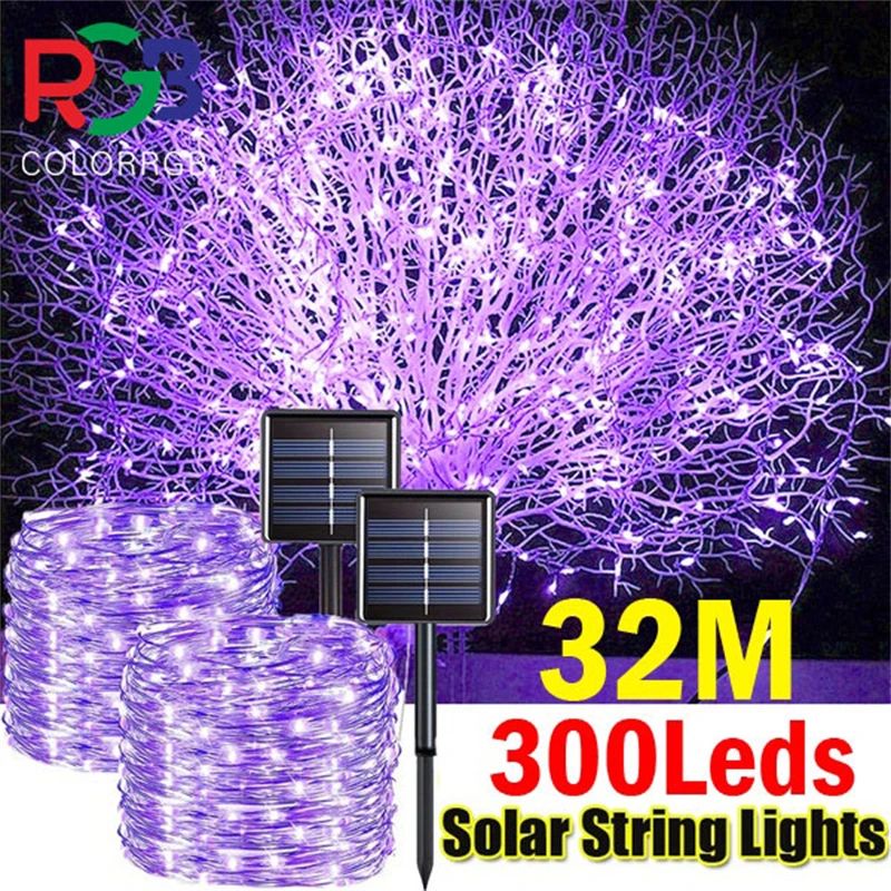 Outdoor Solar LED Fairy String Lights Waterproof With 8 Lighting Modes For Garden Patio And Christmas purple 104.99ft 300leds
