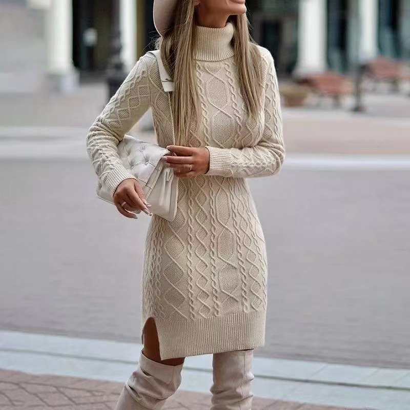 Elegant Winter Knit Sweater Dress With Wrap Hip Skirt And High Neck khaki m