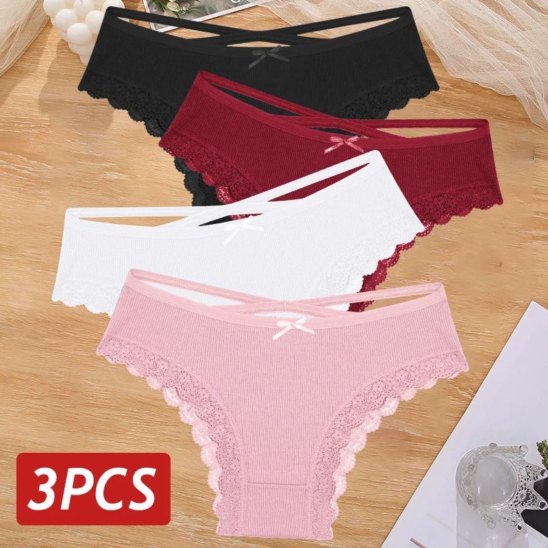 Women's 3 Piece Cotton Low Rise Lace Brazilian Panties Set Breathable Soft Underwear S XL black+white+purple xl