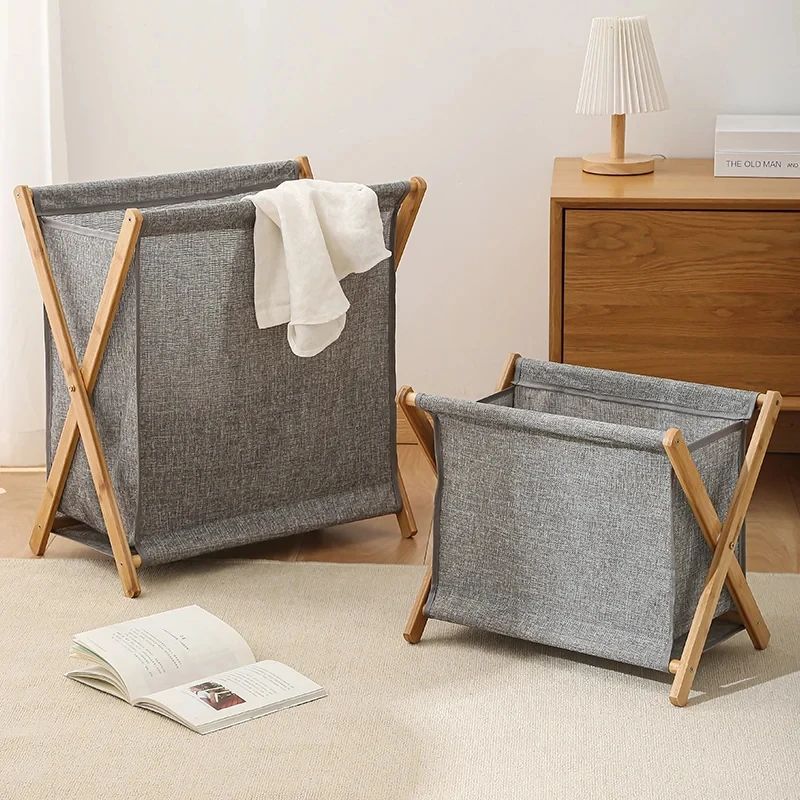 Foldable Wood Frame Laundry Storage Basket 40x38x30cm grey