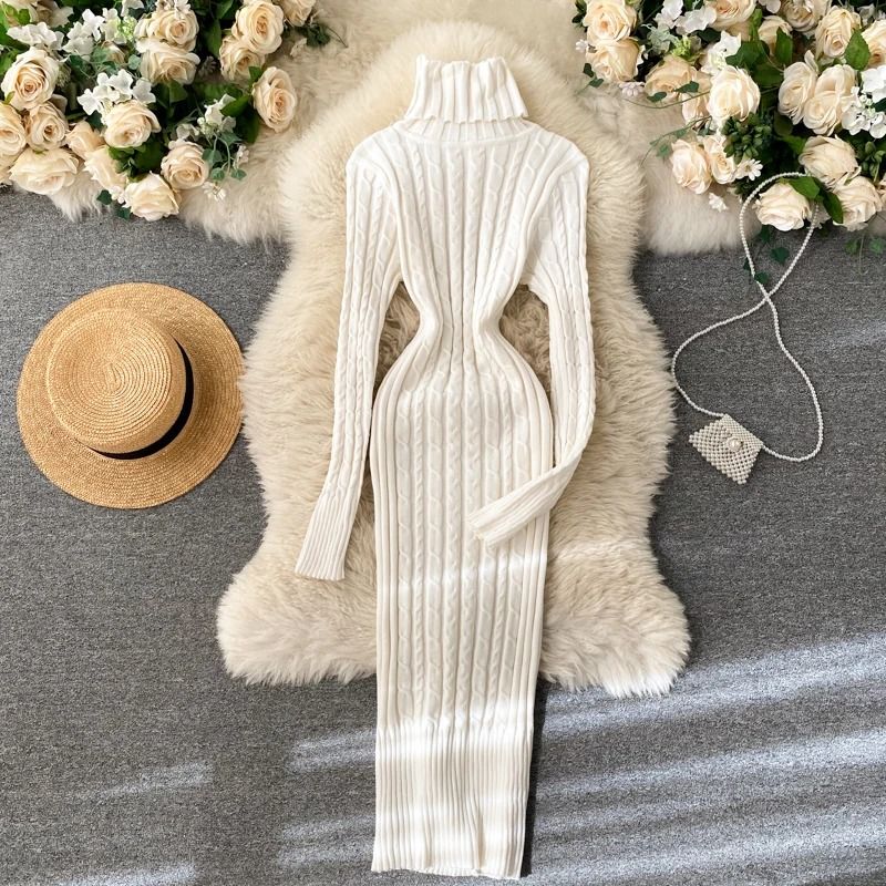 Seoulish Autumn Winter Twist Women's Wrap Knitted Bodycon Long Sleeve Sheath Dress white