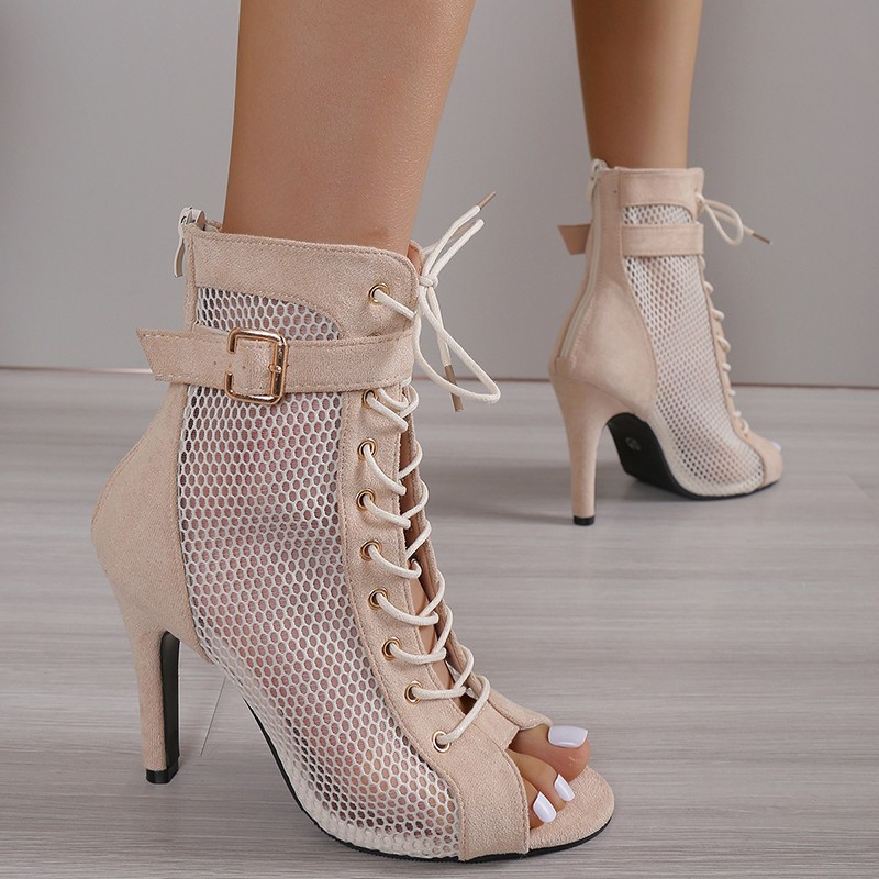 Women Fashion Show Net Fabric Cross Strap Sexy High Heel Sandals, Lace up Peep Toe Pumps, Casual Mesh Woman Shoes beige 42
