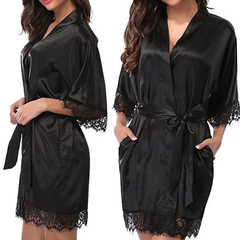 Glossy Ice Silk Nightgown Robe For Women Plus Size Comfort Sleepwear red m