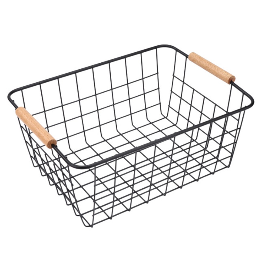 Metal Desktop Storage Basket With Wood Handle Large Capacity Iron Wired Basket For Sundries white s