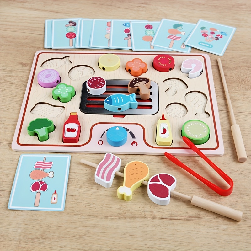 Wooden BBQ Grill & Serve Toy, Montessori Cooking Playset For Kids, Pretend Food Kitchen Gift For Boys Girls Wooden BBQ Grill & Serve Toy, Montessori Cooking Playset For Kids, Pretend Food Kitchen Gift For Boys Girls