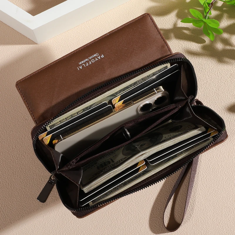 Classic Men's Faux Leather Wallet With Double Layer Snap Closure Zippered Card Holder & Photo Compartment Color Block apricot