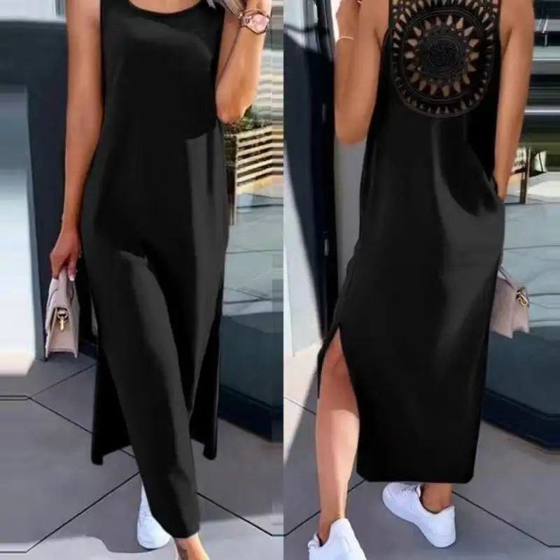 Elegant Summer Sleeveless Womens Summer Dress Casual Solid Slit Midi Dress black l(us 08 10)