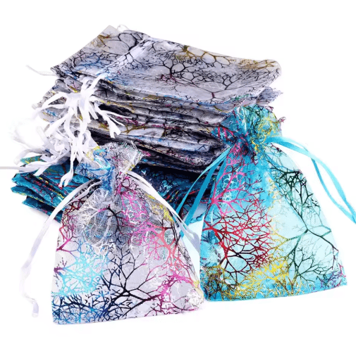 Organza Gift Bags With Drawstring Colorful Tree Print Jewelry & Party Packaging (100pcs) blue 7x9cm 100 Pcs