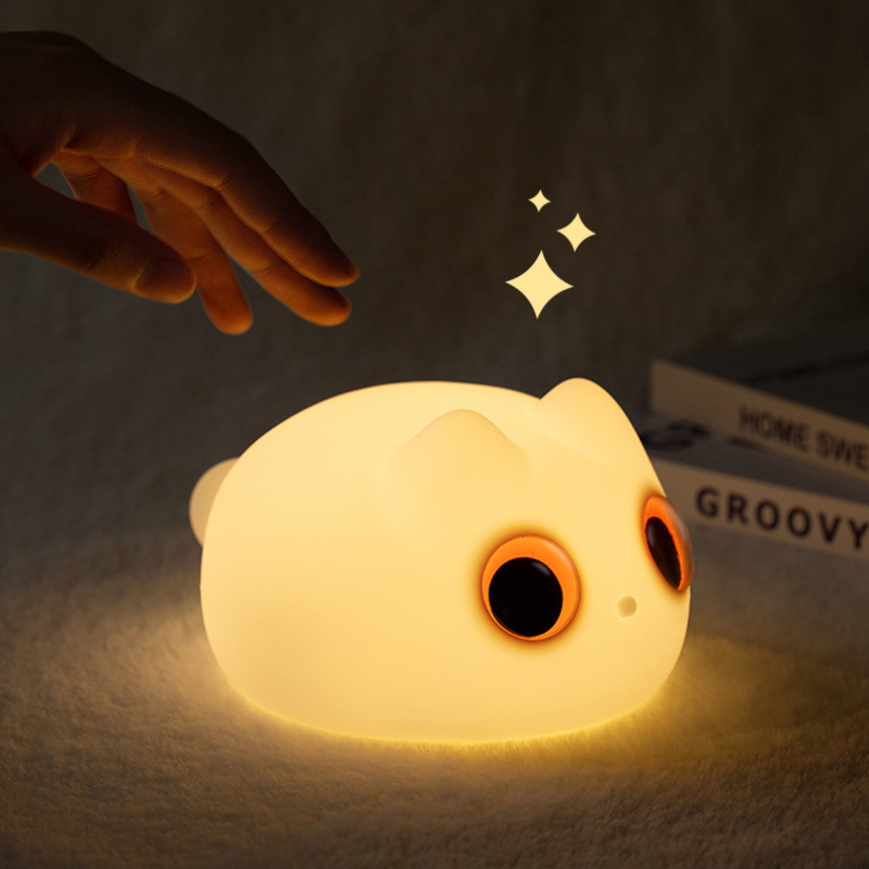 Cute Cat Silicone Night Light With Touch Control, USB Rechargeable & Adjustable Sleep Lamp For Room Decor orange Eyes