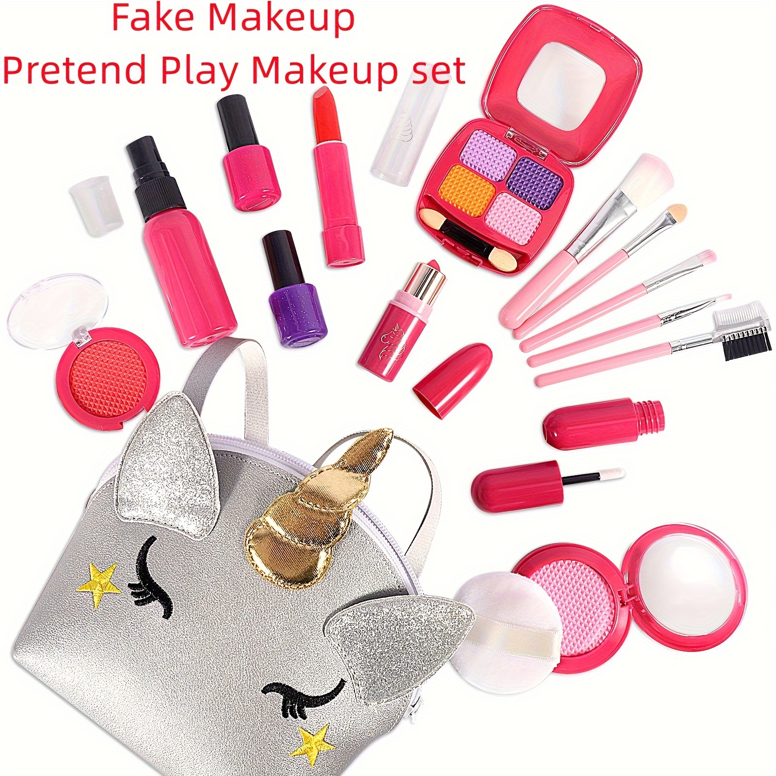 Toddler Makeup Kit, Girl Pretend Makeup For Little Girls With Unicorn Purse Bag pink