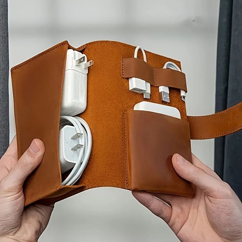 Premium PU Leather Tech Organizer Storage Case Multi Compartment Cable & Charger Organizer Case For Travel & Everyday black