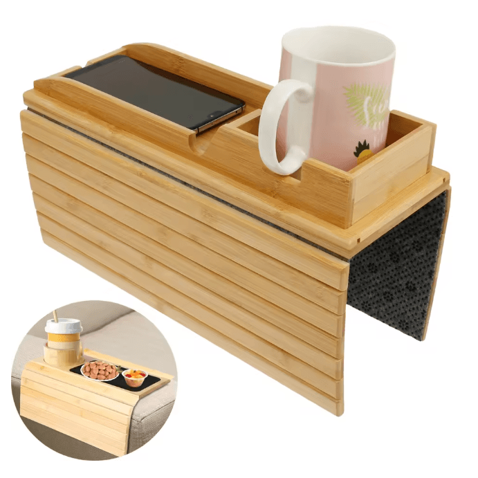 BambooGrip Couch Cup Holder Sofa Armrest Tray Anti Slip Foldable Organizer e