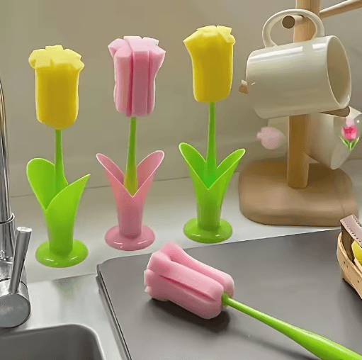 Tulip Cup Cleaning Brush With Detachable Sponge Head (2 Pack) Long Handle Bottle & Glass Cleaner mixed Color 2pcs