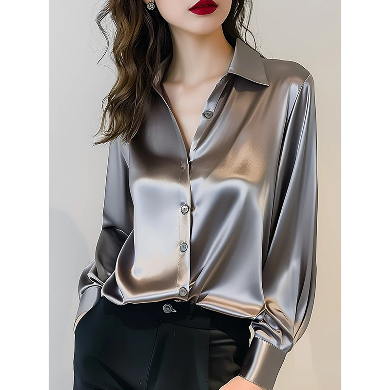 Elegant Women's Satin Blouse Long Sleeve Button Up Shirt For Office gray l