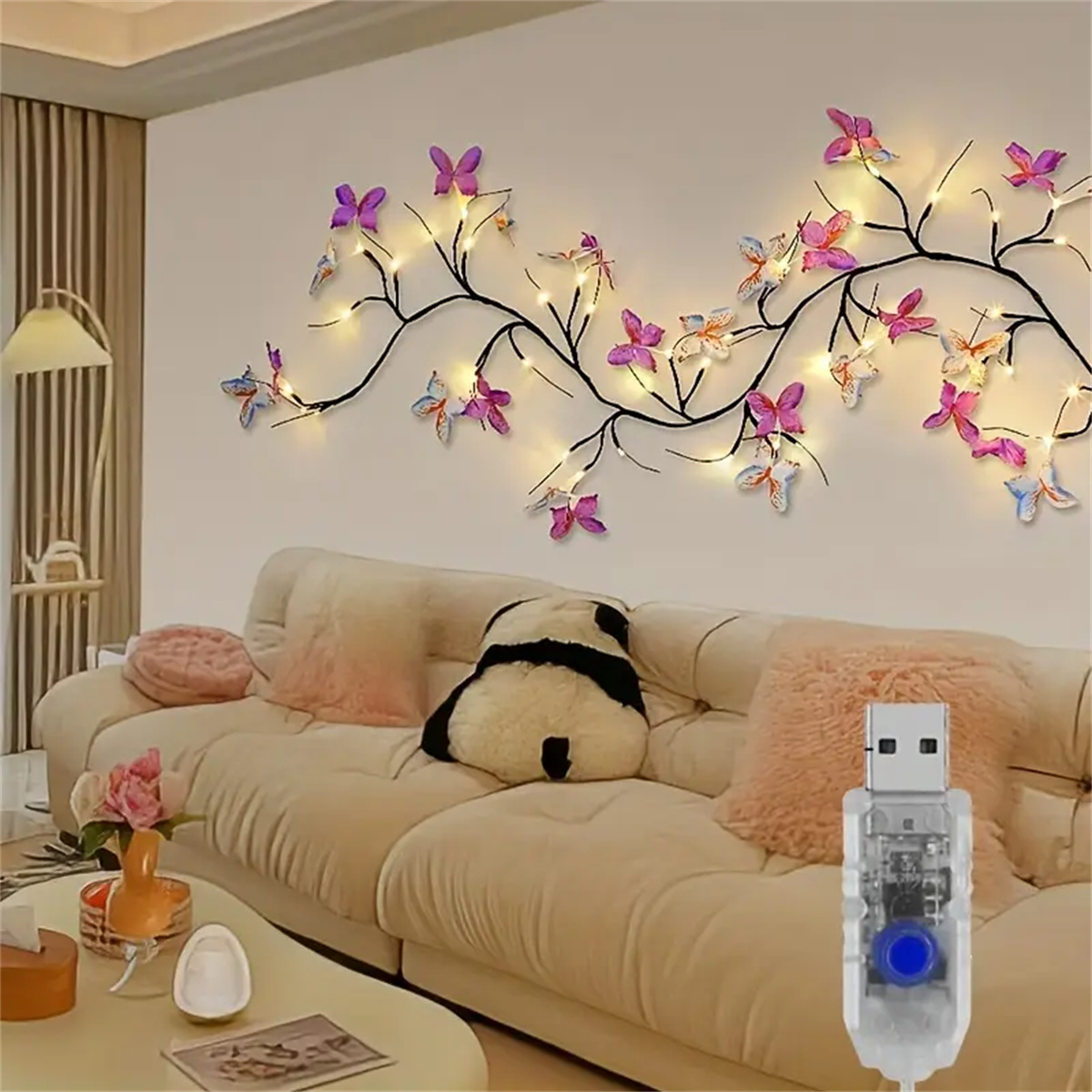 Romantic Butterfly String Light, USB Plug, Indoor Wall Living Room Bedroom Decor For Valentines Day 72leds